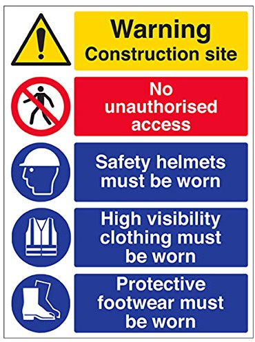 V Safety 6C018BC-S Multi Hazard Site Safety High Viz Warning Sign - Portrait - 300mm x 400mm - Self Adhesive Vinyl, Black/Blue/Red/Yellow