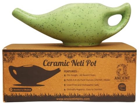 Ancient Impex Porcelain Ceramic Neti Pot with 5 Sachets Neti Salt | Natural Treatment for Sinus, Infection and Congestion - Green Color Freckle Pattern