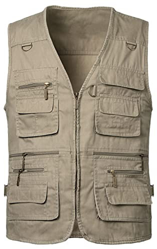 KTWOLEN Chaleco de Fotografo para Hombre Chaleco de Caza con Bolsillos Chaleco de Pesca Coletes para Safari Pescador Chaleco Trabajo, Caqui, 3XL