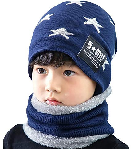 CHERISH Kinder Winter Strickmütze Kinder Beanie Mützen & Schal Set Warm Skull Plüsch Futter Cap für 5-8 Jahre alte Jungen, blau, One size