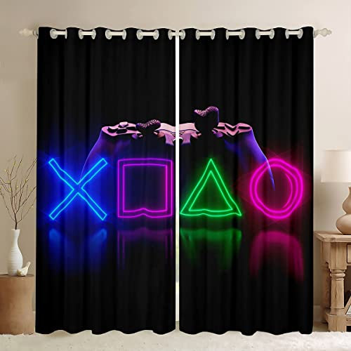 Spieler Fenster Behandlungen Spielen Fenster Vorhänge Gamepad Tülle Vorhänge Spiele Neon Vorhang für Kinder Jungen Jugendliche Mann Jugendlicher, Wohnzimmer Dekor Schwarz Lila 46x72, 2 Panels