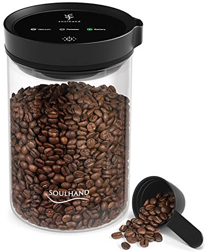 SOUL HAND Vakuum Kaffeedose Automatische Luftdichte Kaffeebehälter & Lebensmittelaufbewahrung, Glas Kaffeedose mit Löffel, Touchscreen Kaffee Vorratsbehälter für Kaffeebohnen/Zucker/Nüsse 1.6L