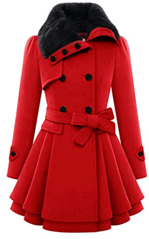 Minetom Damen Winter Mantel Lange Zweireihige Wollmantel Revers Outwear Mit Taschen Gürtel Warm Wintermantel Dicke Lang Coat B Rot M