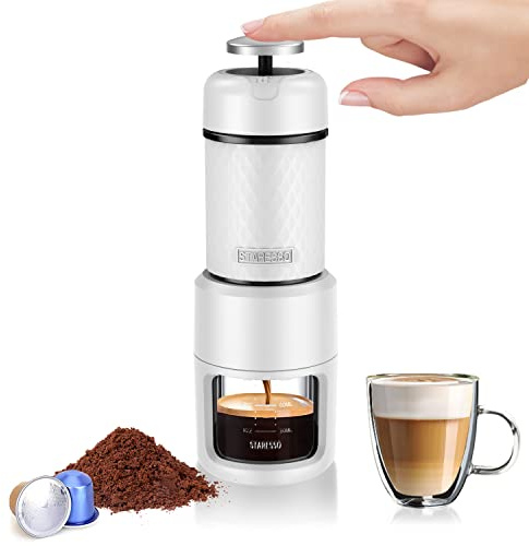 STARESSO Manuelle Espressomaschine,Tragbare Kaffeemaschine,Kompatibel gemahlener Kaffee, kleine Reisekaffeemaschine, manuell von Piston Action betrieben,Ideal für Campaing Hiking (Sp200 White)