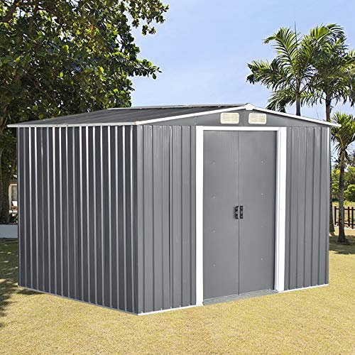 Panana 8 x 10 ft Corrugated Metal Garden Storage Shed w/Sliding Door Sloped Roof - Grey