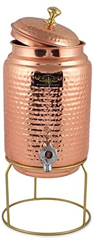 Golden Drops Pure Hammered Copper Water Dispenser with Tap & Stand Matka Water Jug Copper Pot 5 Liter With 2 Copper Hammered Water Glasses, Brown, Dispenser - 5 liter