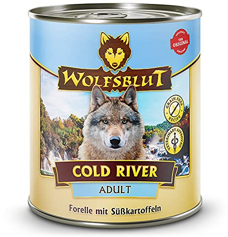 WOLFSBLUT – Cold River Adult | Nassfutter mit natürlichen Zutaten und wertvollen Superfoods für ausgewachsene Hunde. Getreidefreies Alleinfutter ohne Zusatzstoffe in der Dose | 6x800g Forelle