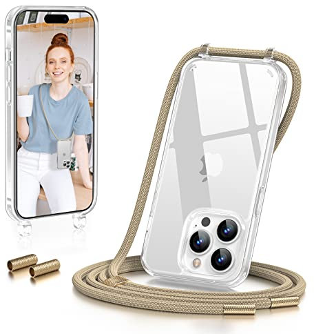GOODVISH Handykette Kompatibel mit iPhone 14 Pro Max 6,7 Zoll, Necklace Hülle mit Band Handyhülle für zum Umhängen, Transparent Case mit Schnur, Kameraschutz und Bildschirmschutz, Gelb