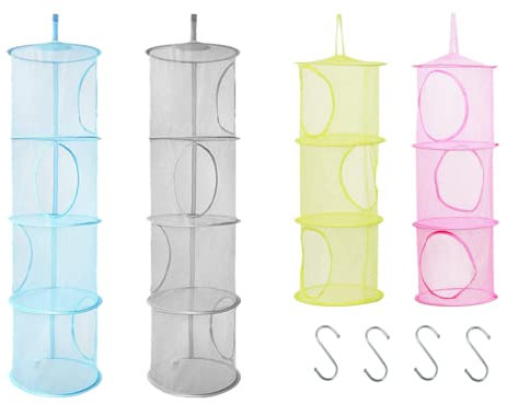 Kellegour 4 Stück Mesh Hängender Speicher Korb,mit 3/4 Ebenen Tragbar Faltbar,zum Aufhängen,Aufbewahrungsnetz Hängend,Hängeaufbewahrung Kinderzimmer,für Spielzeug,Kleine Kleidung(Blau,Grau,Rosa,Gelb)