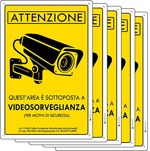 Pubblimania AREA VIDEOSORVEGLIATA Cartello in alluminio metallo 3 mm di spessore. Telecamera CCTV (N° 5 - Cm 20x30)