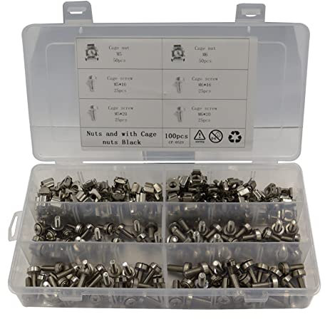 100 Stück Käfigmutter Montageschrauben, M5 M6 Käfigmuttern und Schrauben Rack Montage Schrauben mit Kunststoff Sortierbox Rack Käfigmuttern Schrauben Set für Serverschrank und Schrank