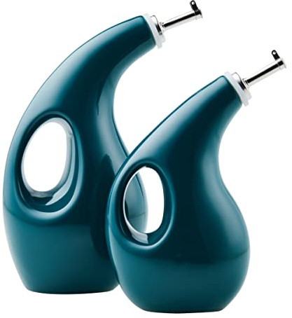 Rachael Ray Serveware EVOO - Set di bottiglie per erogazione di olio e aceto, in ceramica, 2 pezzi, colore: foglia di tè