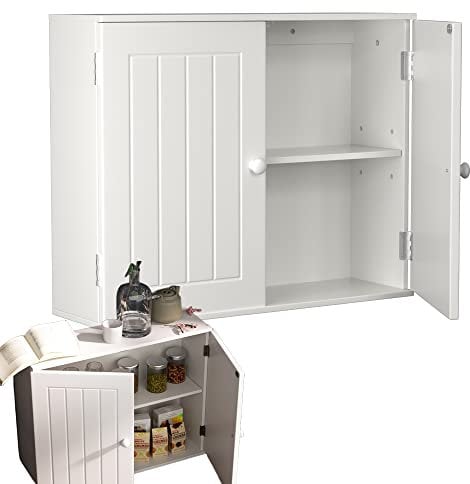 Bathroom Wall Cabinet White,Wall Mounted/Floor Standing Wooden Slim Storage Cabinet Unit,Medicine Storage Cupboard with 2 Adjustable Shelves,Double Doors Wall Mounted Furniture,W23.6''x D6xH20''