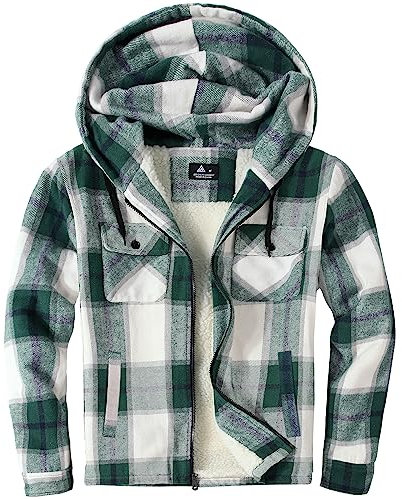 SwissWell Herren Hemdjacke Verdicken Kariertes mit Zipper Flanelljacke Plüschfutter Freizeit Gefüttert Holzfällerhemd Männer Winter Hemd Fleece Hoodie Winterjacke mit Brusttasche(Grün Weiß, M)