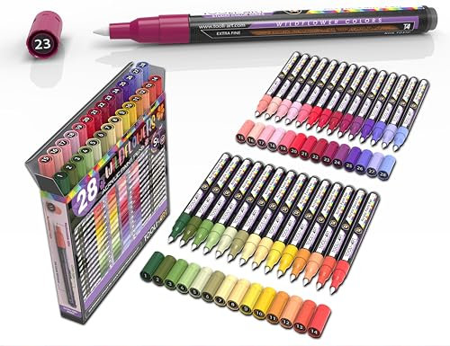 Set di 28 pennarelli acrilici con punta extra fine da 0,7 mm, per pittura su roccia, vetro, tazze, legno, metallo, tela, fai da te, dettaglio. Non tossico, a base d'acqua, asciugatura rapida