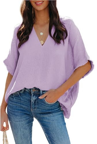 Dokotoo Damen Bluse V-Ausschnitt Musselin Tunika Shirt Oberteil Sommer Kurzarm Oversize Longshirt Damenblusen Tops, lila, XXL