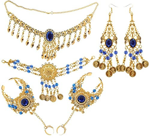 Dickly Goldenes Indisches Schmuckset für Damen, Ethnische Halskette, Ohrringe, Diwali Geschenk, Blau