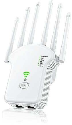RULGOI WLAN Verstärker Repeater 1200Mbit/s (867MBit/s 5GHz + 300MBit/s 2,4GHz),WiFi Booster mit Repeater/Router/Access Point Modus,WiFi Range Extender Mit LAN/WAN Port,Geeignet für Zuhause, Büro.