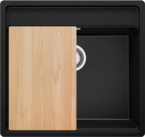 PRIMAGRAN Lavello Angolare Nero 56x53cm, Lavandino da Cucina a 1 vasca + Sifone Classico + Tagliere, Lavabo da Cucina Incasso al mobile 60cm - Bergen