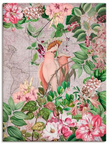 ARTLAND Wanddeko Leinwand Bilder Wandbild 90x120 cm Papagei Kakadu Garten exotische Pflanzen Blumen Vintage U4VW