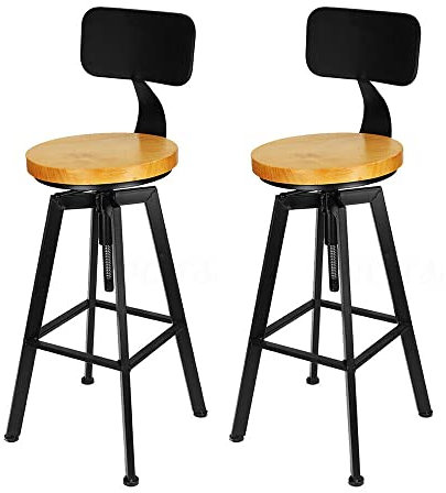 TRIEBAN 2X Barhocker, Retro Frühstück Barhocker Verstellbar, Holz Und Metall Vintage Stühl mit Rückenlehne Metall Pedal, Sitzhöhe 64-84cm, für Home Kitchen Pub, Gelb-Schwarz