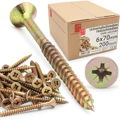LUN FIX Vite universale, 6,0 x 70 mm, 200 pezzi, con impronta a croce PZ3, testa piatta, viti per legno, zincate in giallo, viti multiuso, viti a croce