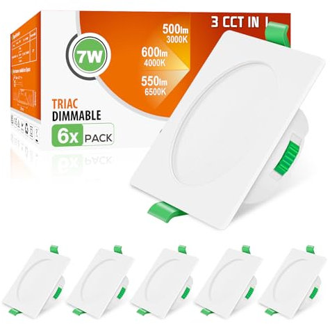 ALUSSO Downlight LED Techo Empotrable Cuadrado Regulable, 7W IP44 3000K 4000K 6500K Focos LED Interior Techo Empotrado, Ultradelgado 29mm, φ67-75mm, Ojos de Buey Baño Salón, 6 Pack