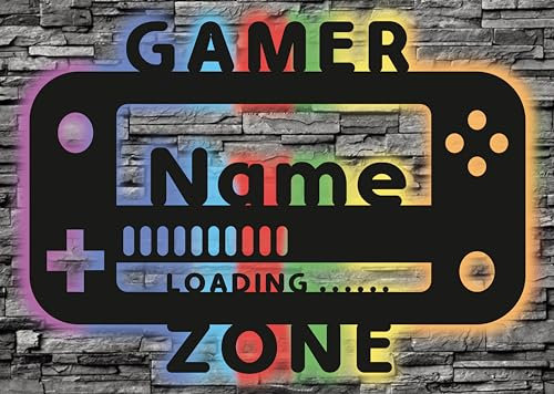 WALUNA® Gamer Gaming Zone Led Geschenk zu weihnachten für Gamer Geburtstagsgeschenk Deko Zubehör für Gaming Zimmer - RGB Gaming USB personalisiert mit Name Deko in 12 Holzarben