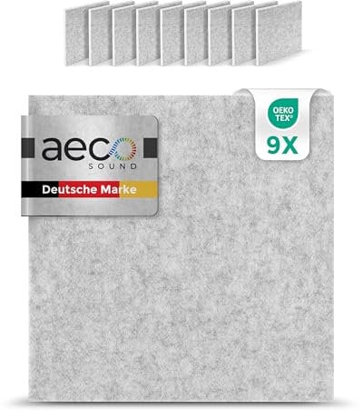 Aeco Sound® - Akustikkacheln aus Akustik-Filz, selbstklebend, extra dick 15mm, 9 Stück, je 30x30cm - Wandpaneele, Wandschutz, Schallschutz, Akustikplatten, Akustikpaneele (Grau)