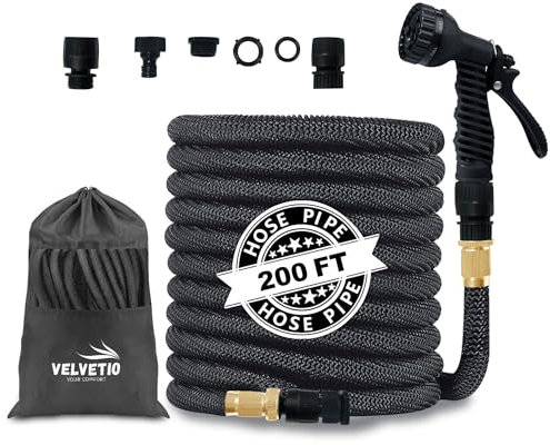 VELVETIO Expandable Strong Garden Hose Pipe 200FT, 7 Function Nozzle Spray Gun with 3/4 1/2 1 Leakproof Connector, 4 Layer Latex Core No Kink Flexible Hose for Outdoor & Car Wash, Black
