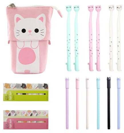 inodiref Sac à Stylo Télescopique en Toile Trousse Scolaire Kawaii avec 240 Chat Autocollant und 12 Stylos à Encre Gel Noire 0.5 mm de Chat Coloré Trousse Pot à Crayons pour École et Bureau