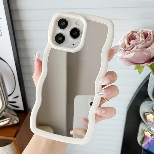 Jmltech for iPhone 11 Pro Max Case Mirror Curly Wave Frame Shape Silicone Cute Shockproof Utra Thin Protective Phone Cases for iPhone 11 Pro Max Beige