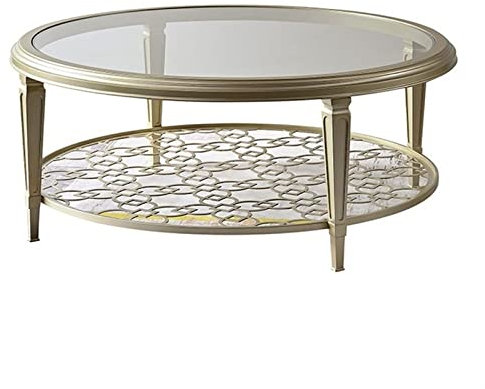 Couchtisch 2-stufiger runder Couchtisch, 80/90/100 cm Couchtisch aus gehärtetem Glas mit Metallschnitzerei, moderner runder Luxus-Couchtisch for das Wohnzimmer zu Hause Kaffeetisch(Color:80*80*46cm)