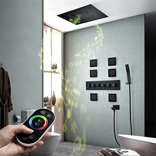 Ducha LED de música clásica negra, cabezal de ducha tipo lluvia con cascada de techo LED para baño con ducha de mano, chorro corporal SPA, juego de grifo de ducha termostático, control telefónico (co