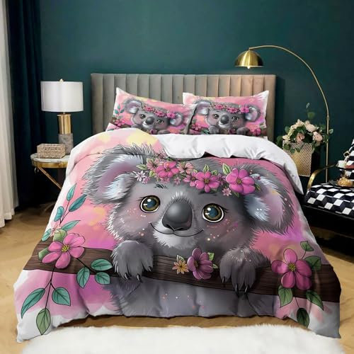 Rose Parure de Lit 180x200 Adulte Imprimé Koala Animal de Dessin animé Housse de Couette 2 Personnes Microfibre Douce Respirante Parure Housse Couette avec 2 Taies d'oreiller 65x65 cm