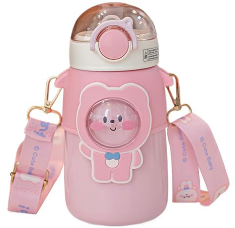 XJKLBYQ Kawaii Bärenwasserflasche mit Stroh, süßer Becher, 24 -Unzen -Leckfleischflasche mit verstellbarem Riemen, vakuumisulierte Flasche für heiße oder kalte Getränke