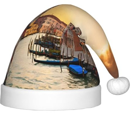 Xdcywbzdbc Schöne Venedig Kanal View Santa Claus Hut Kinder Santa Claus Hut gehobene Weihnachtsmannmütze Plüsch Weihnachtsmannmütze Samt Top mit künstlichem Wollball Feier Party Supplies