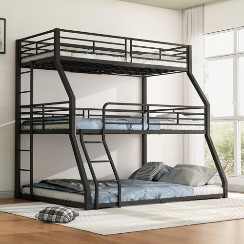 Idemon Etagenbett 90(120,140) x200CM, Metallbettrahmen, Eisenbett, Dreifach-Etagenbett, geeignet für Kinder, Jugendliche und Erwachsene（Ohne Matratze） (Schwarz)