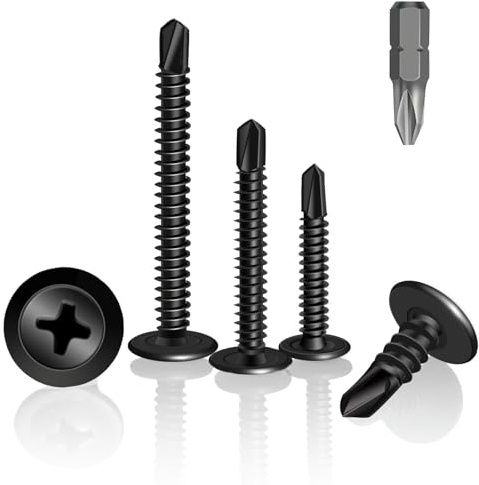 HXJDAM 200 viti autofilettanti neri, 4,2 x 13 mm, autofilettanti, viti per trapano in acciaio al carbonio per lamiera, alluminio, legno, plastica