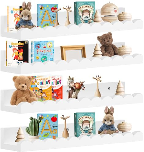 Wandregal Weiße Schweberagel,4er 42cm Bücherregal Kinder,Hängeregale für die Wand für Bücher und Spielzeug,Bilderleiste Verschiedenen Größen, Regalbrett für Wohnzimmer, Badezimmer, Küche, Schlafzimmer