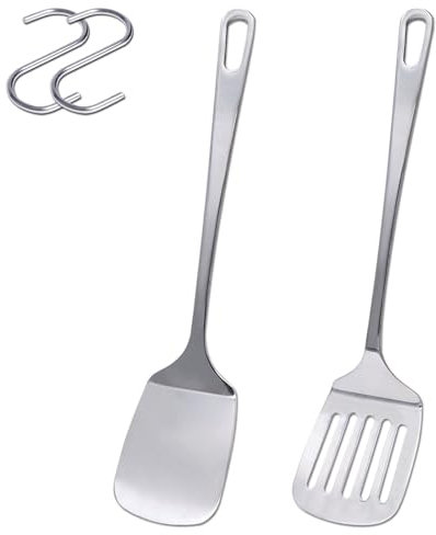 Goalfly Pack of 2 Stainless Steel Spatulas Set, Heavy Duty Silver Slotted Turner, Solid Turner, Metal Spatula, Spatulas for Cooking