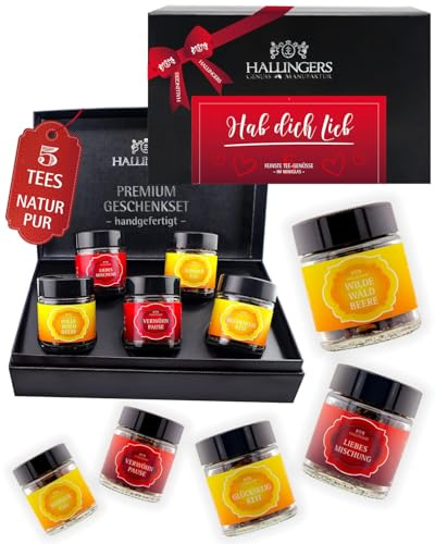 Hallingers Genuss Manufaktur Tee Valentinstagsgeschenk-Set - 5 Sorten premium loser Tee Probierset in edler Geschenkbox mit Rezept-Booklet Hab dich lieb Red, Valentintstag für Frauen Freundin