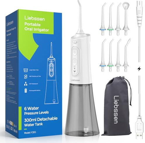 Liebssen Jet Dentaire Hydropulseur dentaires Fonctionnement à un bouton 6 intensités d'eau 8 embouts IPX7 Réservoir de 300 ml portable pour les voyages (Blanc)