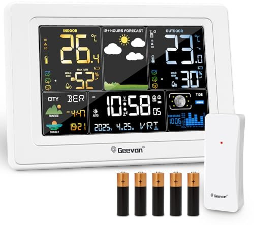 Geevon Wetterstation mit DCF Funkaußensensor, Farb VA Display, Wettervorhersage und Komfortanzeige, Sonnenaufgang/Sonnenuntergang, Schimmelanzeige, Temperaturwarnungen, Mondphase(250397 mit batterien)