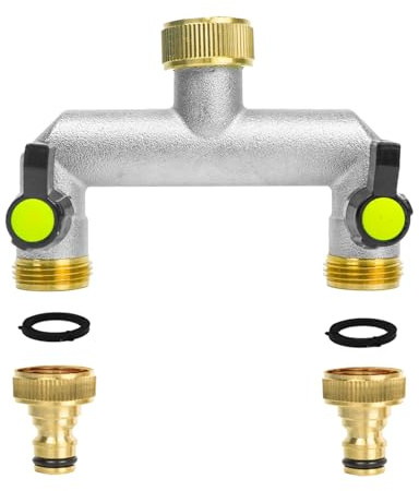 2 Way Brass Garden Hose Splitter, 3/4 Garden Hose Tap Connector Multi Faucet Splitter Water Taps Distributor Hose Adapter with Individual On/Off Valve for Outdoor Garden Lawn Kitchen