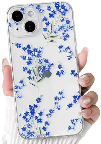 NITITOP for iPhone 14 Case Cute Clear Flower Branch, Blue | for Women Girls, Aesthetic Artistic Floral Design, Transparent Soft TPU Shockproof Cover, Full Camera Protection
