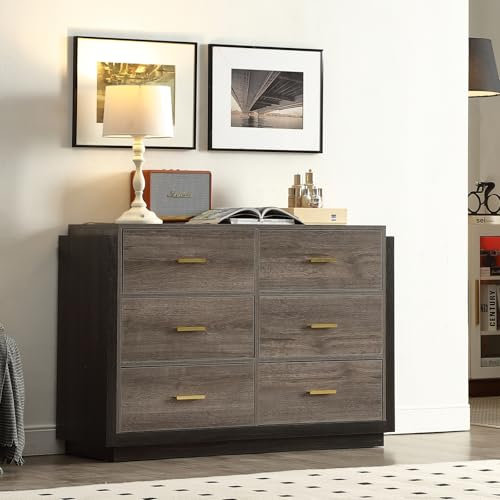 FOREST GRAVITY Cassettiera Camera da Letto Credenza 6 Drawer Dresser Storage Cabinet Sideboard con 6 Cassetti Moderna Mobiletto Grigio per Soggiorno Sala da Pranzo Camera da Letto