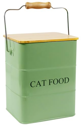 ZoeQide Conteneur Croquettes Chat 6L, Boite Nourriture Chat metal vert | Stockage croquettes chat en boite metal verte, couvercle bois, poignee laterale et verre doseur pour cuisine ou garde-manger