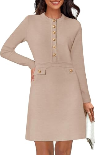 ELFIN Strickkleid Damen Elegant Pullover Kleid Vintage Knöpfe Business Party Kleid Rundhals Langarm Strick A-Linie Minikleider
