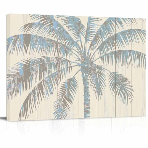 Tropical Palm Tree Canvas Print Wall Art - Mottled Beige Retro Wood Grain - Wall Decor Modern Artwork Paintings Pictures for Living Room Stretched and Framed Ready to Hang - 16 x 24